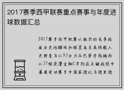 2017赛季西甲联赛重点赛事与年度进球数据汇总