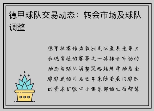 德甲球队交易动态：转会市场及球队调整