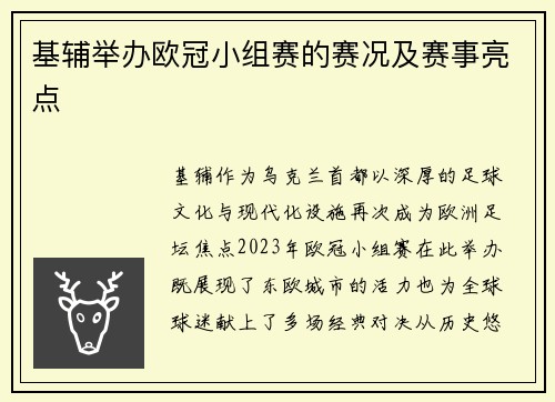 基辅举办欧冠小组赛的赛况及赛事亮点